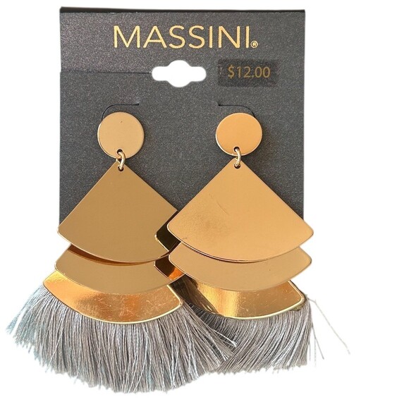 Massini Fan Fringe Tassel Drop Earrings Gold Gray Statement Dangle - Picture 2 of 4
